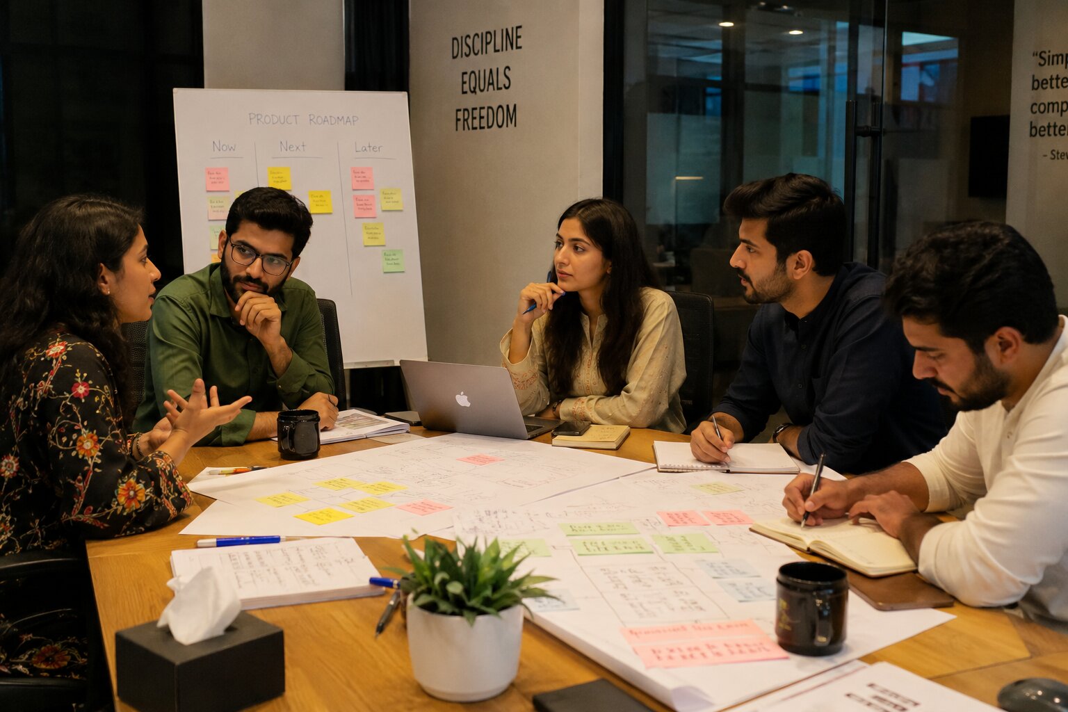 Team workshop with notes and product planning materials