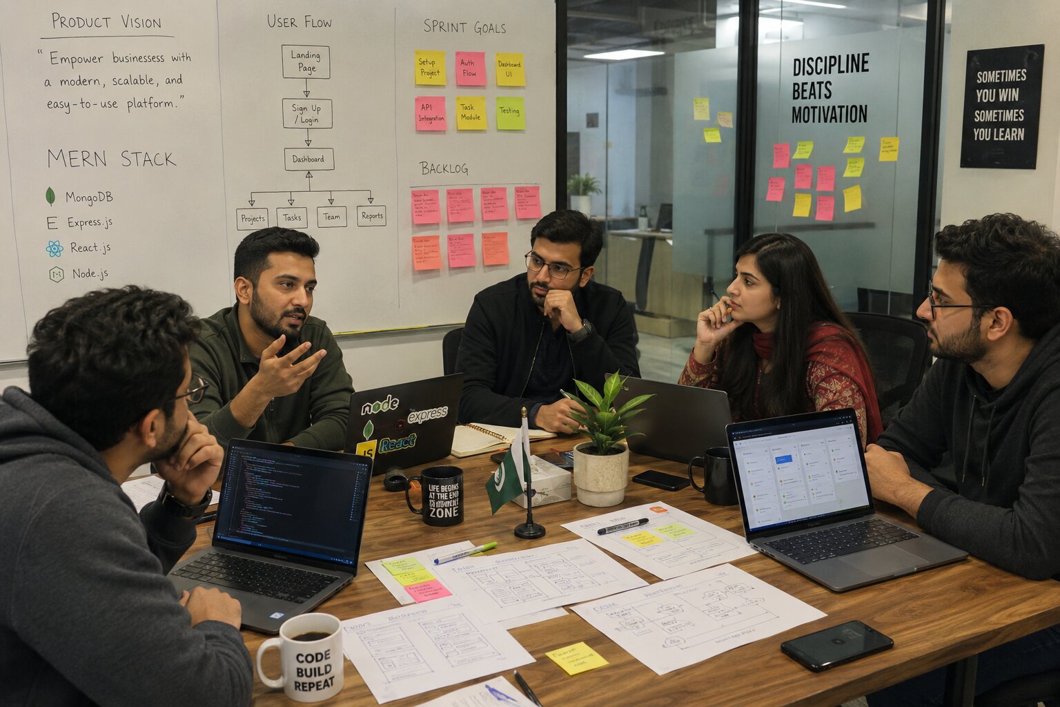 Pakistani dev team in a sprint planning session with MERN stack whiteboard