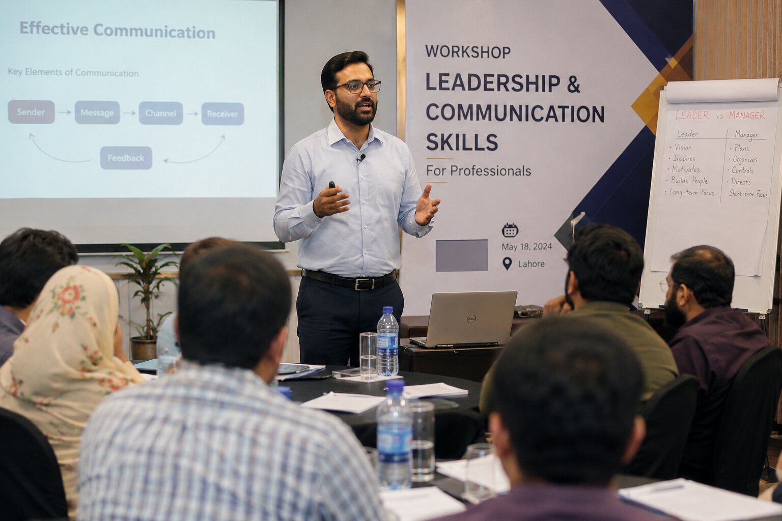 Pakistani professional leading a leadership and communication workshop in Lahore